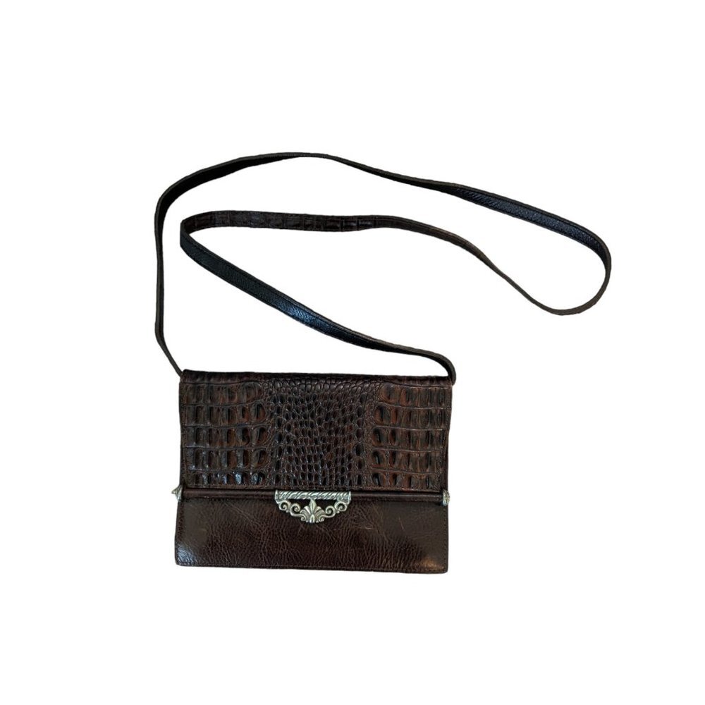 Brighton Y2K Brown Leather Croc Print Multi Pocket Crossbody Shoulder Bag